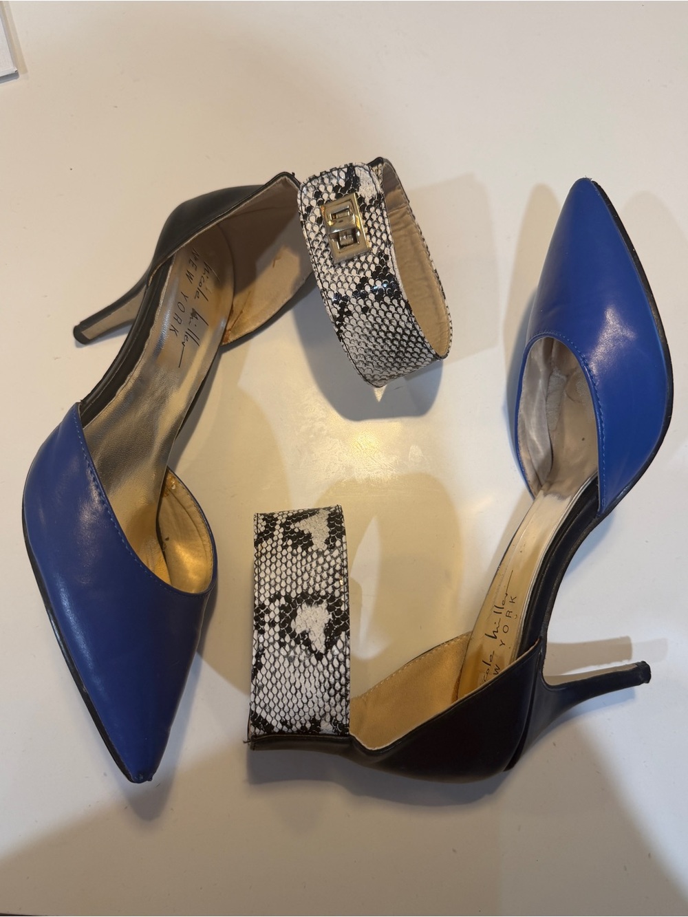 Nicole Miller Blue and Black Pointed D'Orsay Heels with Snake-Print Strap